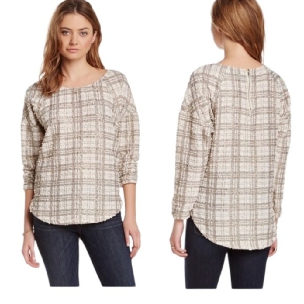 JOA Los Angeles Womens Cream Metallic Plaid Sequin Top Back Zip BC3004 Medium